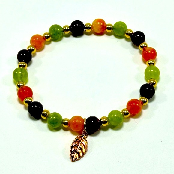 Handmade Fall Leaf Charm Bracelet with Garnet & Jade Gemstones! - Picture 3 of 4